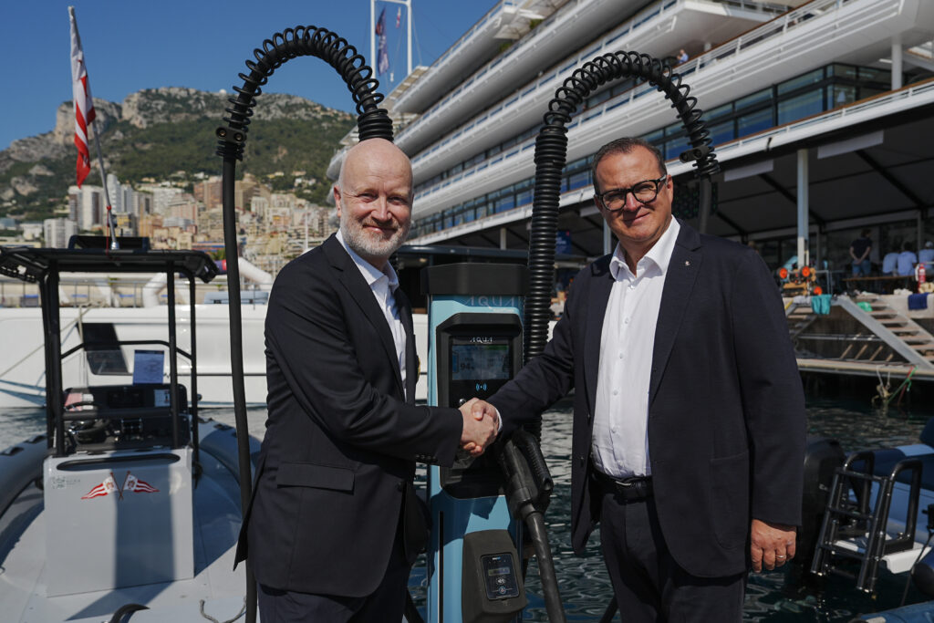 Stewart Wilkinson, CEO of ATV Power and Fabrizio Zago, CEO of NatPower at the Yacht Club de Monaco